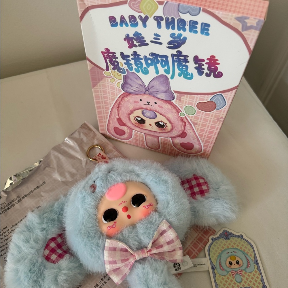 Baby Three Magic Mirror Baby Blue Bunny with Pink Gingham Ears Pendant